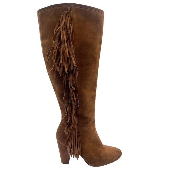 Lauren Ralph Lauren Camel Suede and Leather Fringe High Heel Boots Size 7 - Picture 1 of 11